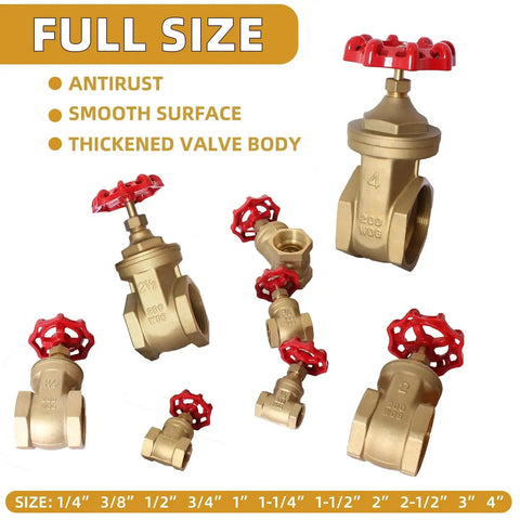 Various sizes of brass gate valves with wheel handles, showcasing 1/2 inch NPT brass gate valve for water, oil, gas systems.