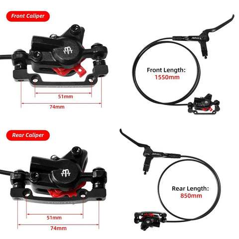ZTZ MTB hydraulic disc brake set; dual-piston calipers, 1550mm front and 850mm rear hoses, 160mm rotors.