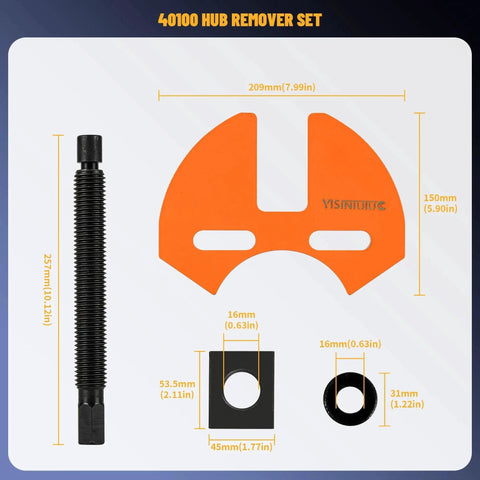 Universal Wheel Hub Removal Tool Set And Bearing Puller for 5, 6, 8 lug hubs, shown with dimensions and parts layout