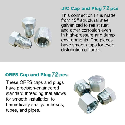 JIC And ORFS Hydraulic Fittings Kit 144 Pcs Cap And Plug Set For Hose Tube And Pipe Systems Galvanized 45 Steel With Precision Threads
