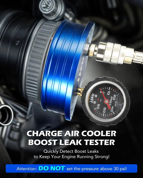 Close-up of Turbo System Leak Tester For Trucks With CAC Boost, showing aluminum end cap and 150 psi pressure gauge by Orion Motor Tech.