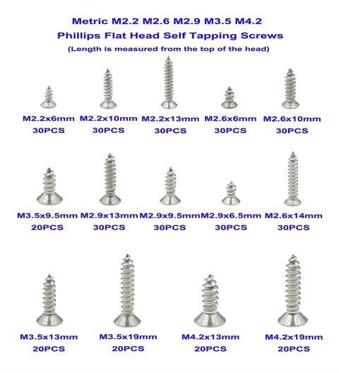 370 Piece Metric 304 Stainless Steel Phillips Flat Head Self Tapping Screws Assortment Kit With M2.2 M2.6 M2.9 M3.5 M4.2 Sizes