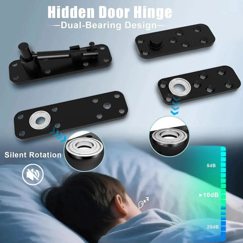 360 Degree Quiet Pin Hinge Set For Murphy Bed Doors And Concealed Cabinets, black double bearing hinges, silent rotation diagram