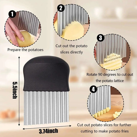 Crinkle Cutter For Veggies And Fries, Stainless Steel Wavy Slicer, French Fry Cutter For Potatoes Carrots Cucumbers And More, Durable Kitchen Gadget For Even Textured Slices And Easy Prep, Black with dimensions 5.5 x 3.74 inches and usage steps.