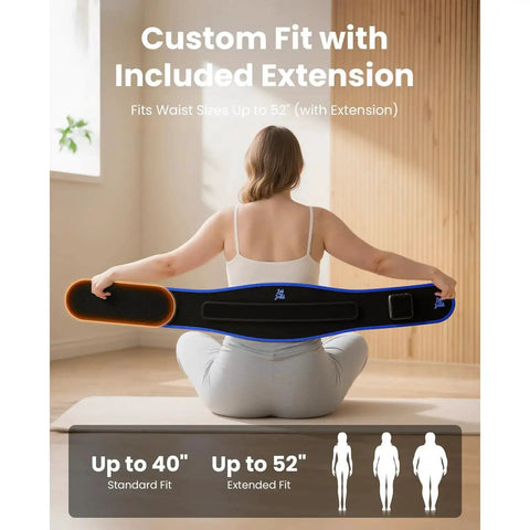 Woman holding Cordless Heating Pad Belt Massager for Lower Back Relief, wearable lumbar wrap with adjustable extension, custom fit sizes.