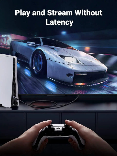 Gaming setup with Cat 8 Shielded Braided Ethernet Cable 6ft For Gaming PC PS5 Xbox Modem Router, hands holding controller.