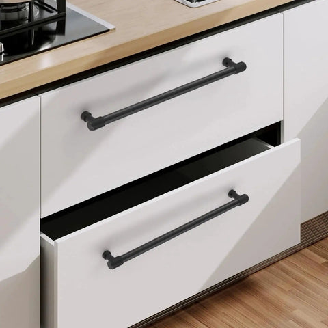 Knurled Matte Black Cabinet Pulls Pack Of 10 With 10 Inch Center To Center Spacing installed on kitchen drawers