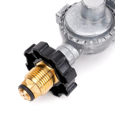 Horizontal Two Stage Propane Regulator With POL Connection for RVs, brass and metal construction, close-up of regulator inlet
