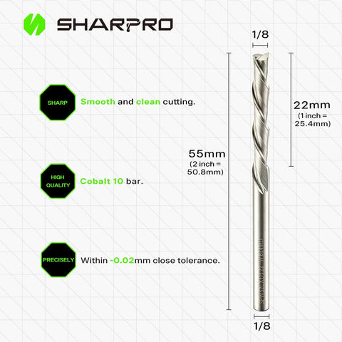 One Eighth Inch Shank Spiral Downcut Router Bit For Woodworking And CNC Solid Carbide End Mill showing dimensions and features