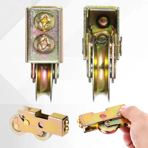 Replacement 4 Pack 1-1/4 Inch Sliding Door Rollers with Steel Ball Bearings, shown front, side, and hand-held views.
