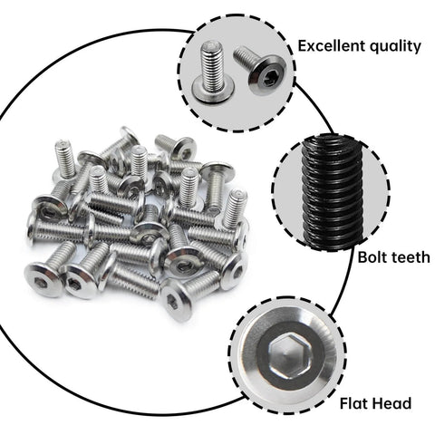 Beefy Heavy Duty M6 X 15mm Flat Head Hex Socket Cap Screws Bolts 30 Pcs In 304 Stainless Steel Black Zinc Plated Full Thread For Furniture Offices And Garages With Hex Spanner Included, showing close-up of bolt teeth and flat head.