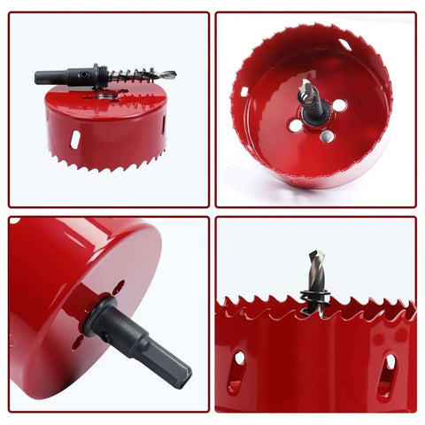 Red Bi Metal Hole Saw Kit With Arbor And Pilot Drill Bit For Fiberboard Wood Drywall Plastic Soft Metal Sheet PVC Board And Cornhole Boards Drilling 6.1 Inch Cutter For Fast Clean Cuts