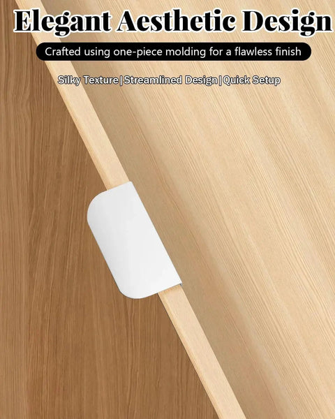 6 Pack Adhesive Edge Pulls for Cabinets and Drawers, Self Adhesive Finger Pulls for Cabinets in matte white, close-up view on wood surface.