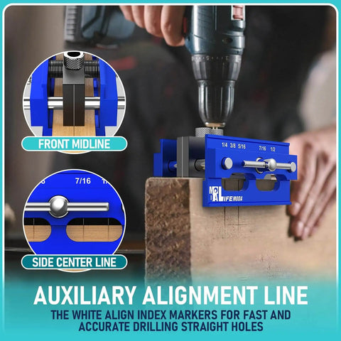 Self Centering Doweling Jig Kit For Straight Holes With Six Drill Guide Bushings Pro Grade Biscuit Joiner Tool Adjustable Width Drilling Guide Durable Aircraft Grade Aluminum Easy Setup For Precise Woodworking Blue in use on wood plank