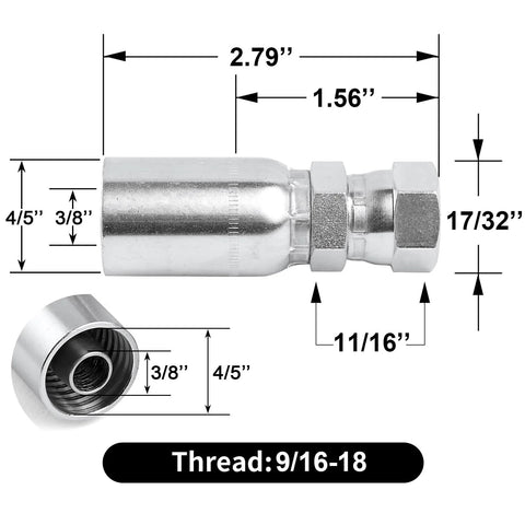 Side view of 12-pack 3/8 in hydraulic hose fittings, 3/8 in JIC 37° female swivel, chrome metal, 9/16-18 thread
