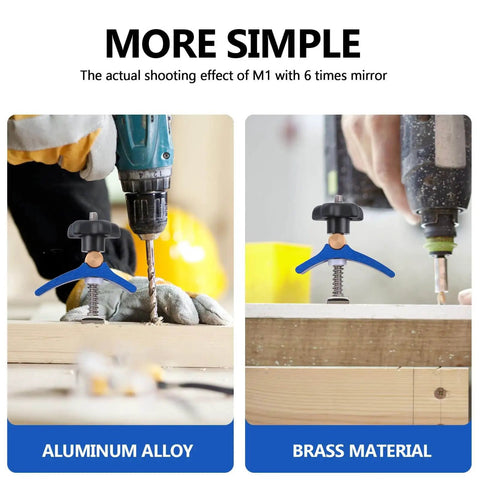 Pro Grade Woodworking T Slot Clamp With Hold Down Function Blue T Track Clip in use with aluminum and brass drills on wood