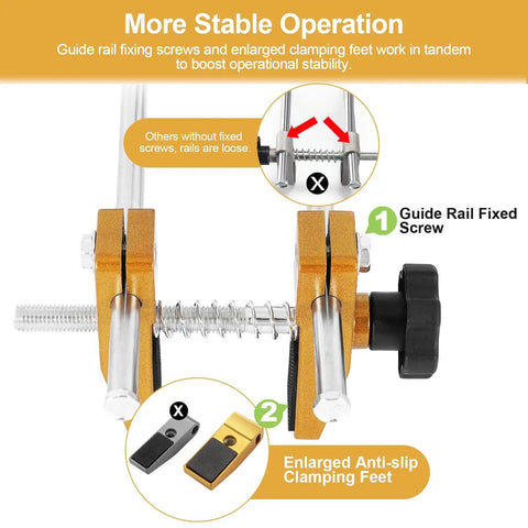 Close-up of DIY Friendly Door Lock Hole Opener Kit with guide rail fixed screw and anti-slip clamping feet for wooden doors.