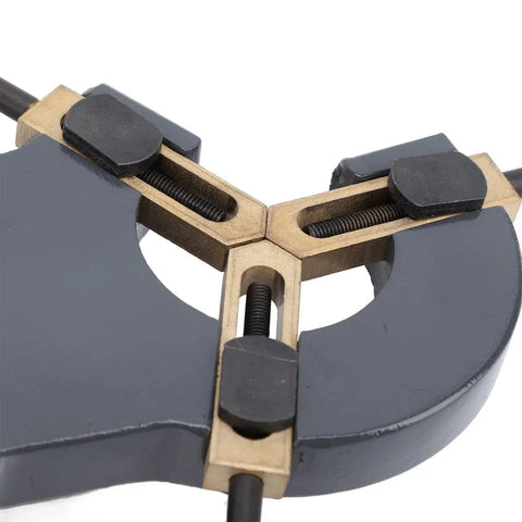 Close-up of Wood Lathe Steady Rest for Mini Lathes With Three Point Support Durable Aluminum Alloy Iron Copper Build For Long Lasting Stability Baxnore Heavy Duty Stabilizer For Accurate Wood Turning And Precise Machining.