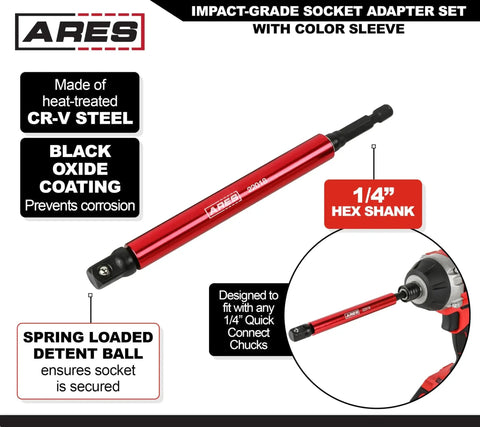 ARES red CR-V steel 1/4-inch hex shank socket adapter with detent ball for impact drivers, side view.