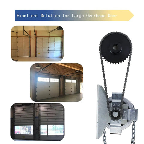 Garage Door Jackshaft Chain Hoist 3 To 1 Reduced Drive For Roll Up Doors with sprocket and chains, multiple door installations visible
