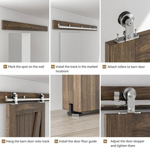 Stainless Steel Sliding Door Hardware Kit For Single Wooden Door Top Mount T Style Track System installation steps