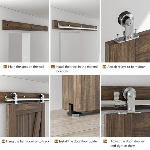 Installation guide for 7 Foot Stainless Steel Sliding Door Hardware Kit for Single Wooden Door Top Mount Track System with T Style Rail.
