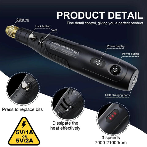 Cordless Resin Drill Kit For Resin Jewelry And Keychains 3 Speed Pro Grade Rechargeable Mini Drill With Deburring Tool