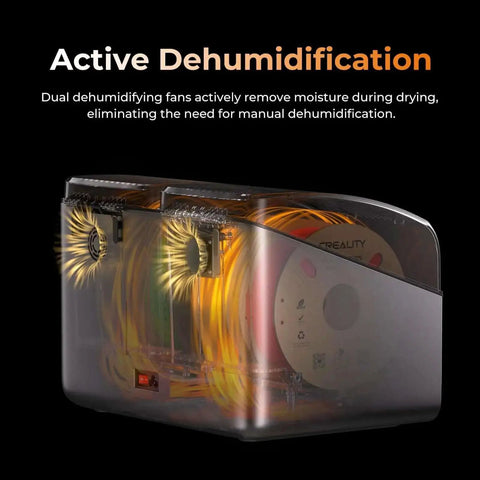Space Pi X4 Dope Filament Dryer Box With 360 Degree Hot Air Circulation for Multi Filament Drying, showing active dehumidification