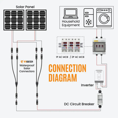Diagram showing connection of adjustable miniature circuit breaker with time delay and auto reset, 110/230V two pole.