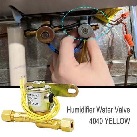 Humidifier water solenoid valve 4040 yellow with brass fittings and yellow wiring, mounted in HVAC cabinet.