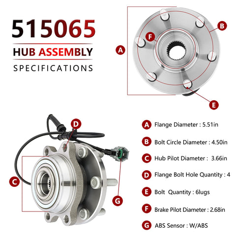 Front Wheel Hub Bearing Assembly For Nissan Frontier 2005 To 2019, Pathfinder 2005 To 2012, Xterra 2005 To 2015, And Suzuki Equator 2009 To 2012 4x4 Models Only Direct Replacement Wheel Hub Kit 515065 Ride Ready, Easy Install with specifications