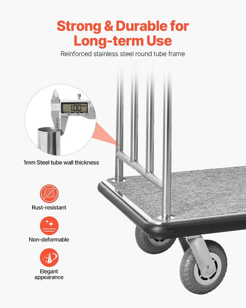 Close-up of stainless steel frame and carpeted deck of hotel luggage cart with 1mm thickness and 6-inch wheels, showing durability features.