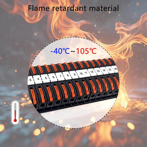 Heavy Duty DIN Rail Terminal Blocks Kit With Inline Universal Compact Wire Connectors, flame retardant, temperature range shown