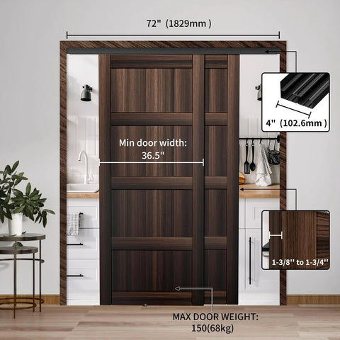 Heavy Duty Bypass Sliding Closet Door Track Set 72 Inch Aluminum Pocket Rail for two doors in kitchen, black finish