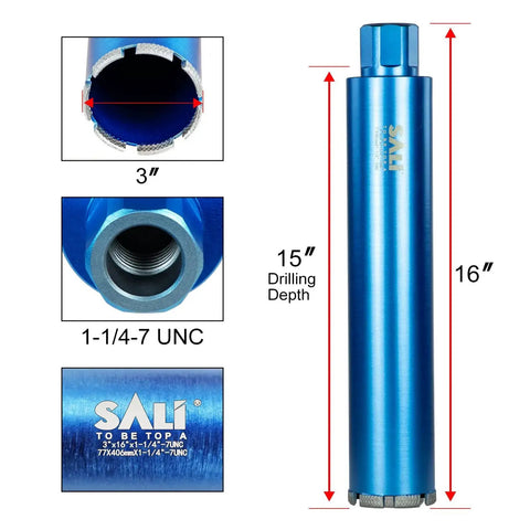 Heavy Duty Wet Diamond Core Drill Bit For Concrete And Masonry 3 Inch Diameter 15 Inch Drilling Depth Thread Size One And A Quarter To Seven Inches Turbo Laser Welded Segments For Rebar Brick Block Stone By SALI