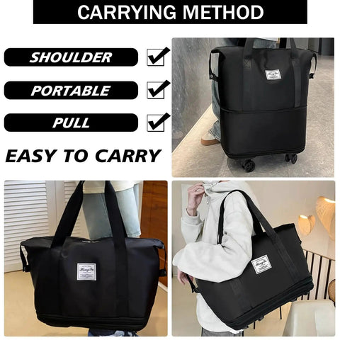 Rolling Duffle Bag With Detachable Wheels for Travel, shown in portable modes: shoulder carry and pull options, black design