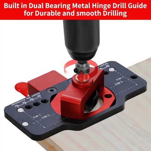 Concealed Hinge Jig Kit For Doors And Cabinets 35mm aluminum alloy drill guide used on wood surface for precise hinge placement.