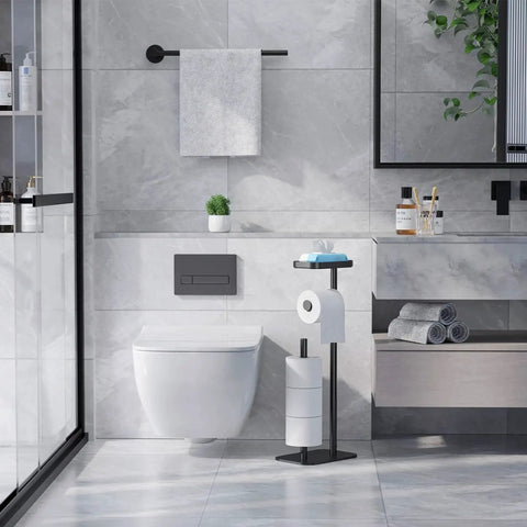 Bathroom with free standing toilet paper holder stand with rustproof metal construction for four rolls, anti-slip base, and built-in shelf.