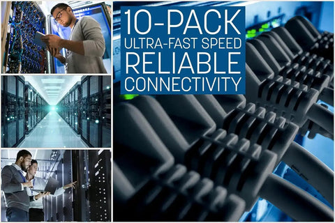 Slim Cat6 Ethernet Patch Cable Kit, 10 Pack, 1 Ft Rack-Friendly Length, Snagless Boots, 30AWG Pure Bare Copper, Gold Plated Contacts