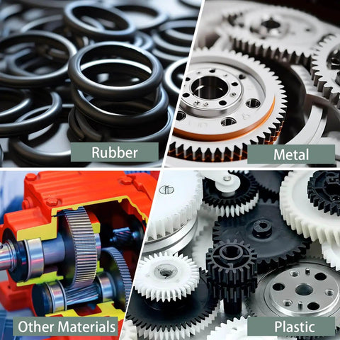 Rubber components, metal gears, plastic gears, and machinery in four quadrants illustrating different materials in equipment usage.