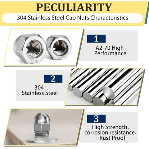 Diagram showing 304 Stainless Steel Cap Nuts characteristics, including A2-70 performance, rust-proof strength, and durability.