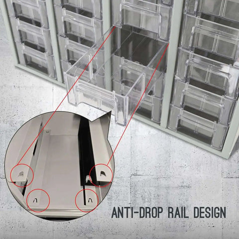 Close-up of Heavy Duty 24 Drawer Metal Parts Cabinet With Clear PS Drawers Bolt And Nut Organizer featuring anti-drop rail design