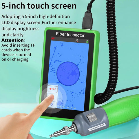 Fiber Optic Inspection Video Probe A-600 with green housing and 5-inch touchscreen displaying blue image