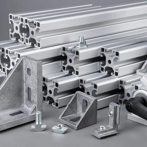 M6 T Slot Nuts And Bolts Set For 3030 Aluminum Extrusion displayed with brackets and connectors, European Standard 30 Series hardware.