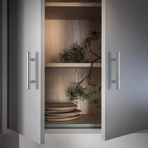 Open cabinet with 30 Pack 6 Inch Brushed Nickel Stainless Steel Cabinet Pulls for Kitchen Cupboards and Cabinets on gray doors