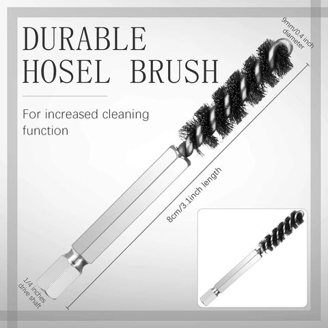 Pro Grade Golf Club Cleaning Wire Brush Set For Iron And Wood Head Hosel Scrub Tool Drill Brush Attachment For Electric Drill Stainless Steel Wire Brush 2 Piece Handy Cleaning Kit For Quick Shine brush with dimensions and specifications shown.