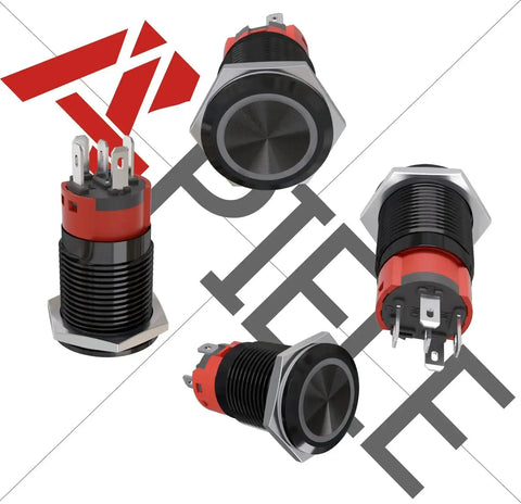Various angles of the Momentary 16mm Push Button Switch With 12V Blue LED Angel Ring, Self Reset, 1NO 1NC, 0.63 Inch Mount Hole