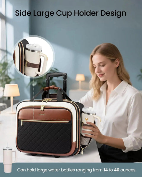 Rolling Laptop Bag For Women With Wheels and Cup Holder, 17.3 Inch Briefcase for Work Travel, LOVEVOOK Underseat Carry On