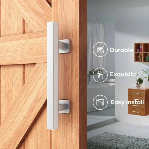 12 Inch Stainless Steel Sliding Barn Door Pull Handle With Flush Hardware Set installed on wood door, interior view