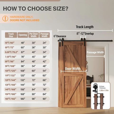 Diagram showing size options for Heavy Duty Barn Door Hardware Kit For Double Bypass Doors 10Ft Single Track With Antique Roller.